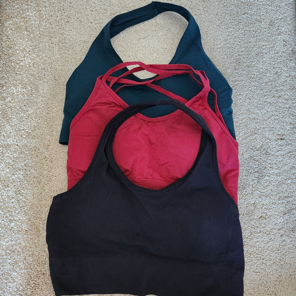Set of 3 Large Athleisure Bralettes, Black, Red, and Teal